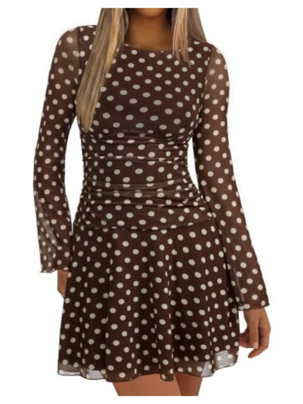 Sheer Mesh Ruched Long Sleeve Mini Dress Boat Neck Fit & Flare